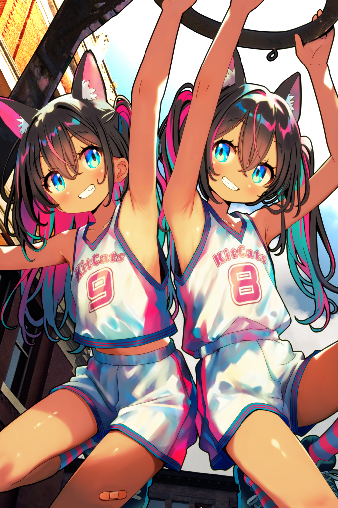 Two cat-eared characters in basketball uniforms hanging from a hoop.