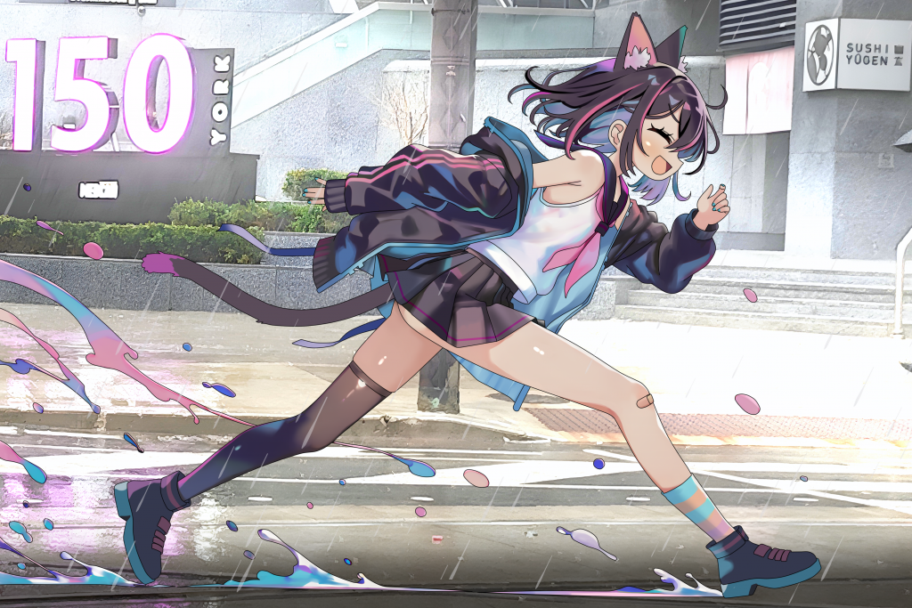 A cat-eared character running through a rain-soaked street.