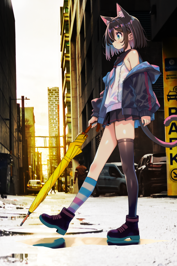 A cat-eared character holding a yellow umbrella on a wet city street.